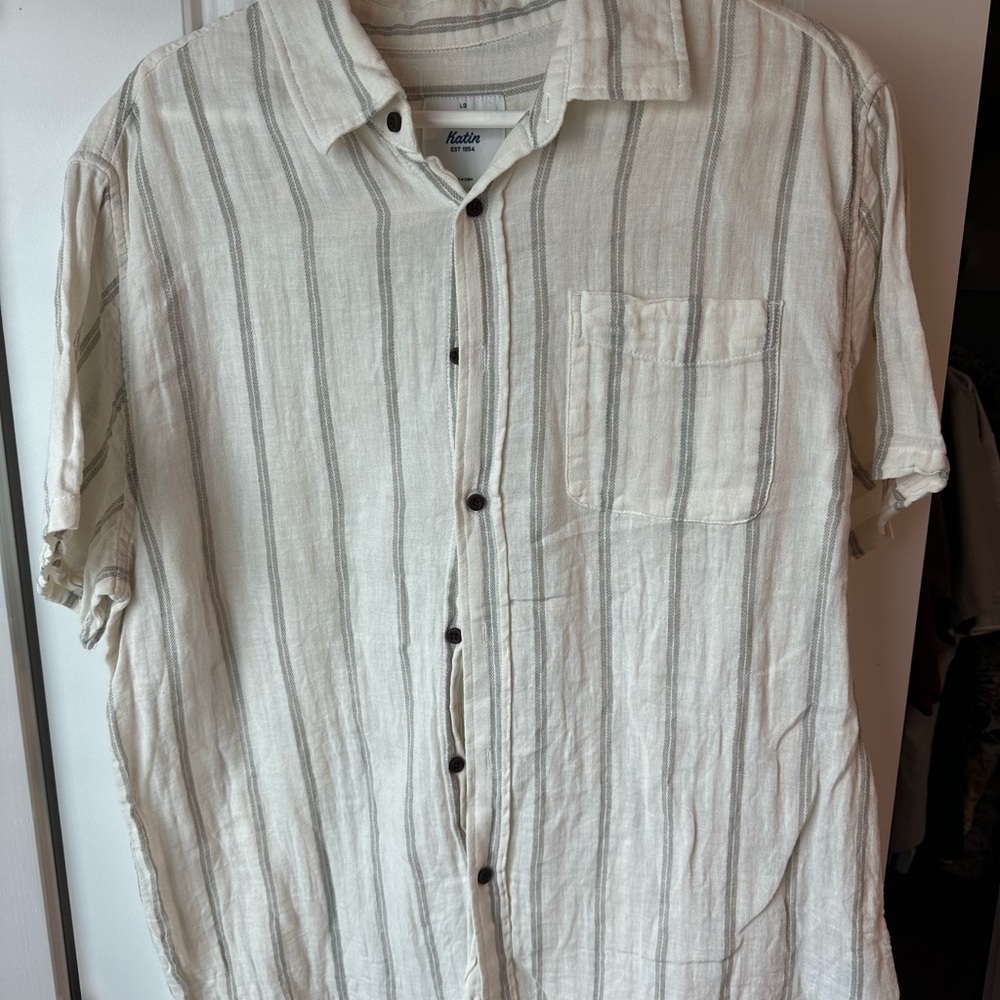 Katin Men’s Short Sleeve Button-Up Shirt — Cream with Gray Stripes
